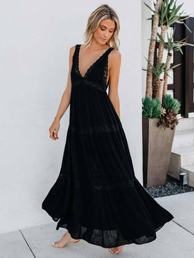 Robe Longue Dos Nu avec Col en V Noire