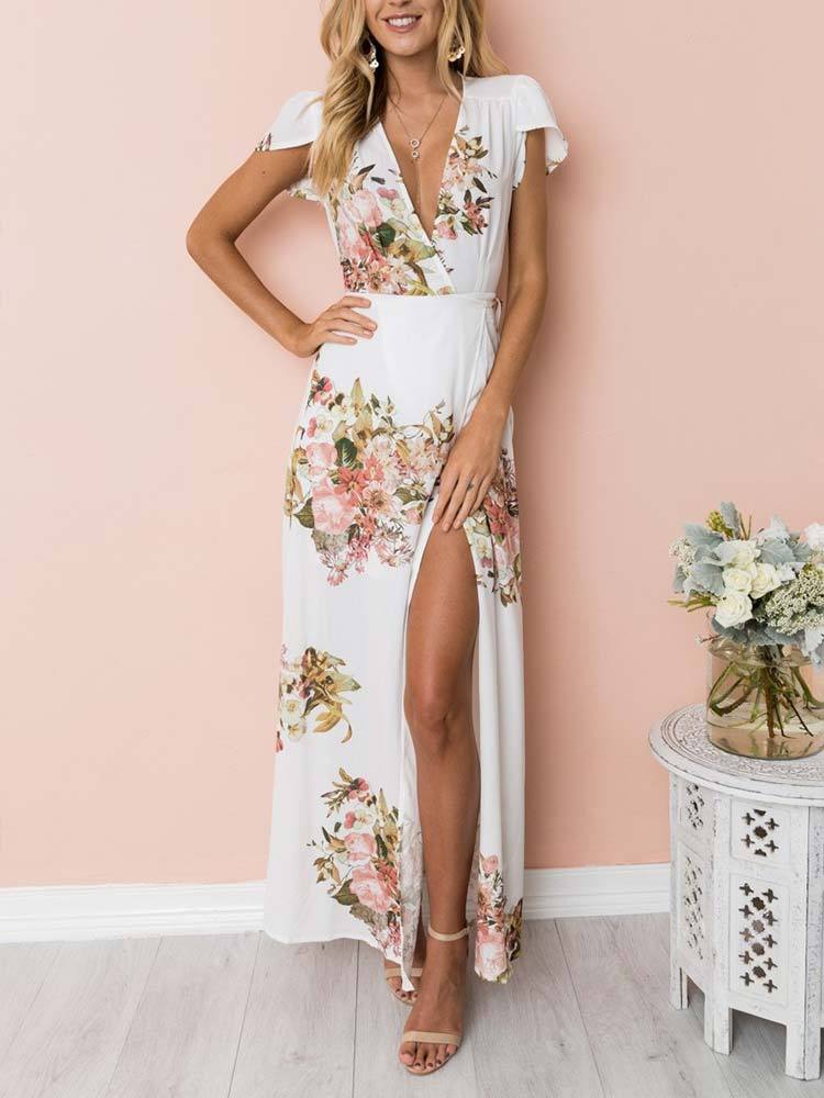 Robe Longue à Imprimé Floral Blanche