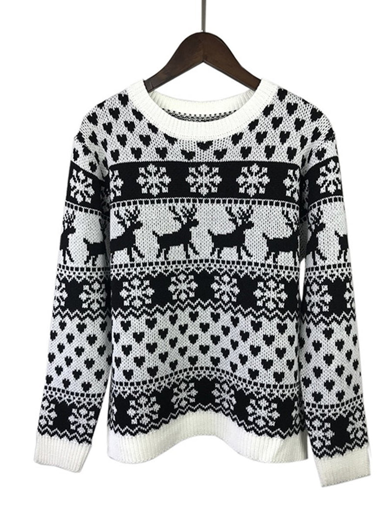 Pull en Tricot à Manches Longues et Motif Flacon de Neige et Renne