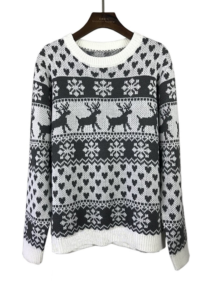 Pull en Tricot à Manches Longues et Motif Flacon de Neige et Renne