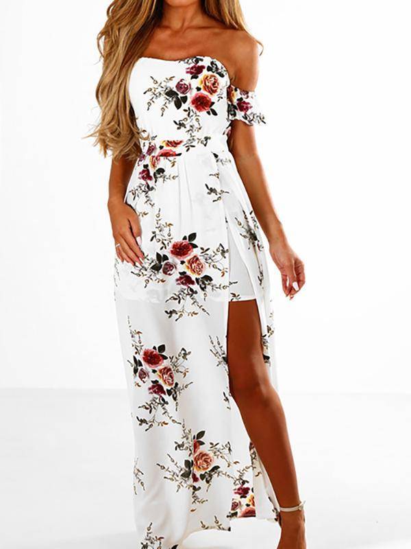 Robe à Imprimé Floral à Epaules Dénudées Blanche