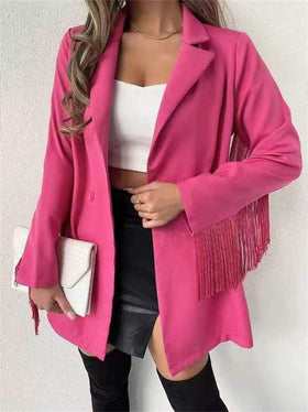 Blazer Manches Longues Franges Boutons Revers Unis