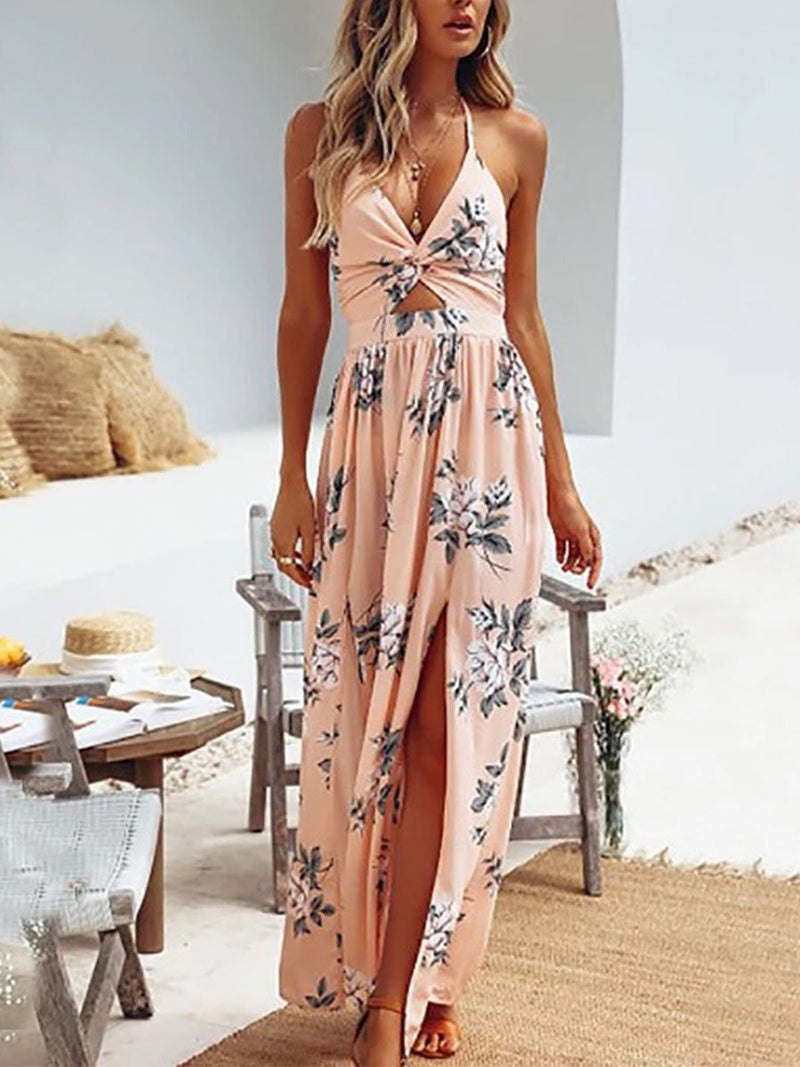 Maxi Robe Floral à Col en V et à Bretelles