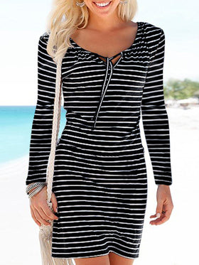 Women's Dresses Striped Tie Rope Long Sleeve Dress