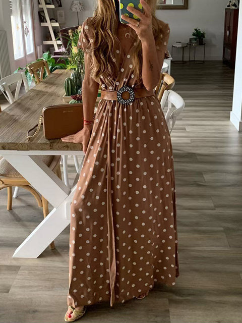 Robe Maxi Manches Courtes Col V Pois