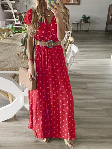 Robe Maxi Manches Courtes Col V Pois