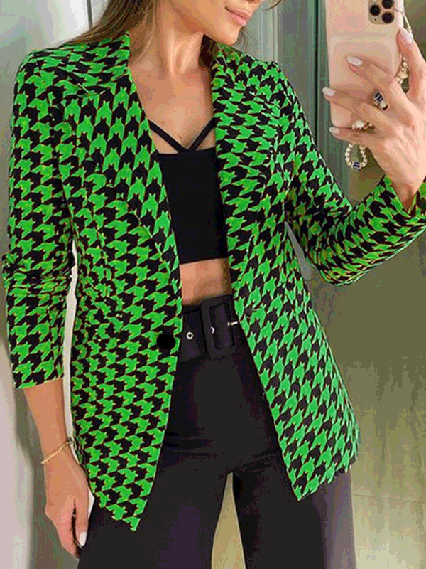 Women's Blazers Houndstooth Lapel Long Sleeve Slim Blazers