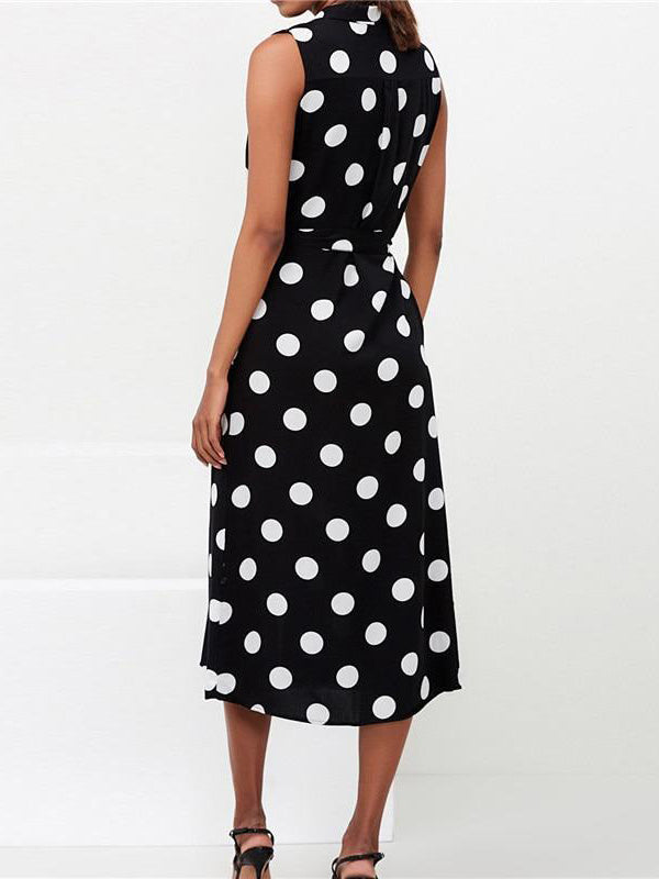 Robe Midi Sans Manches Lacets Imprimé à Pois