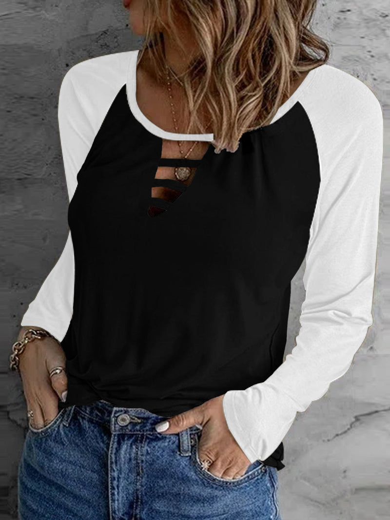 Women's T-Shirts Casual Contrast Hollow Long Sleeve T-Shirt