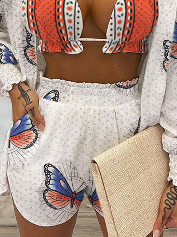 Ensemble Trois Pièces Veste Décontractée Short Imprimé Papillon