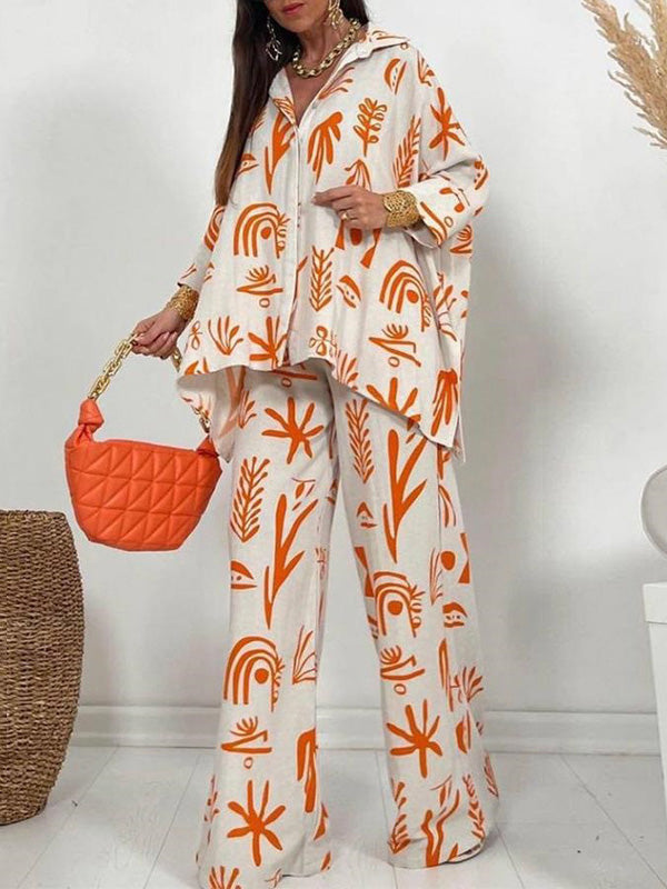 Women's Sets Printed Doll Sleeve Shirt & Wide Leg Pants Two Piece Set