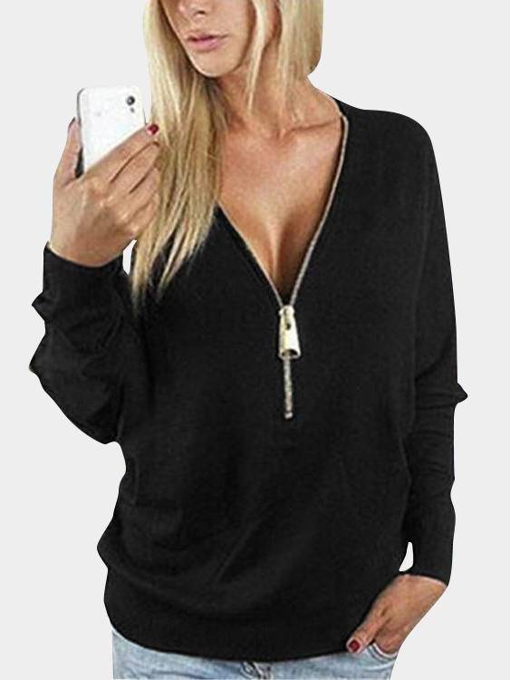 Zip Front Design V-neck Long Sleeves T-shirt