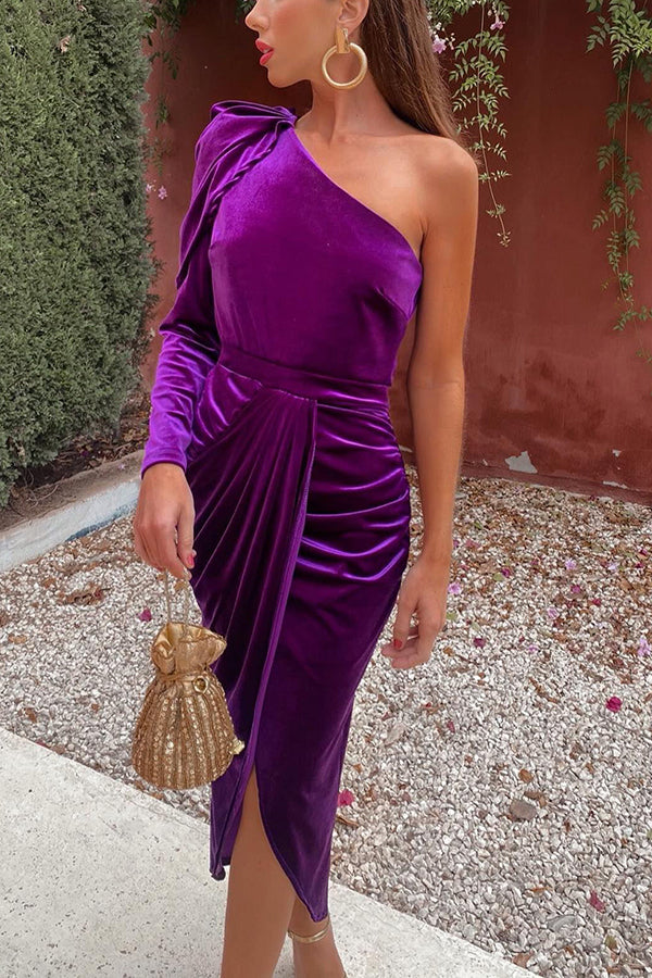 Cheers To The Night One Shoulder Velvet Midi Dress