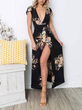 Robe Longue à Manches Courtes Noire