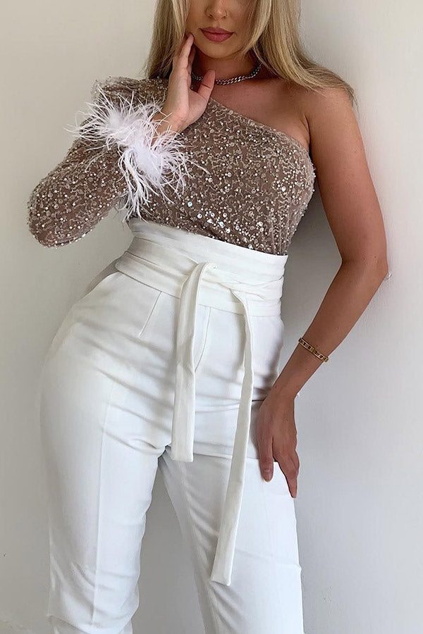 Claire One Shoulder Sequin Embellished Feather Jumpsuit