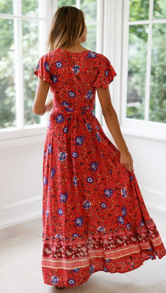 Robe Maxi Floral à Manches Courtes et Col en V