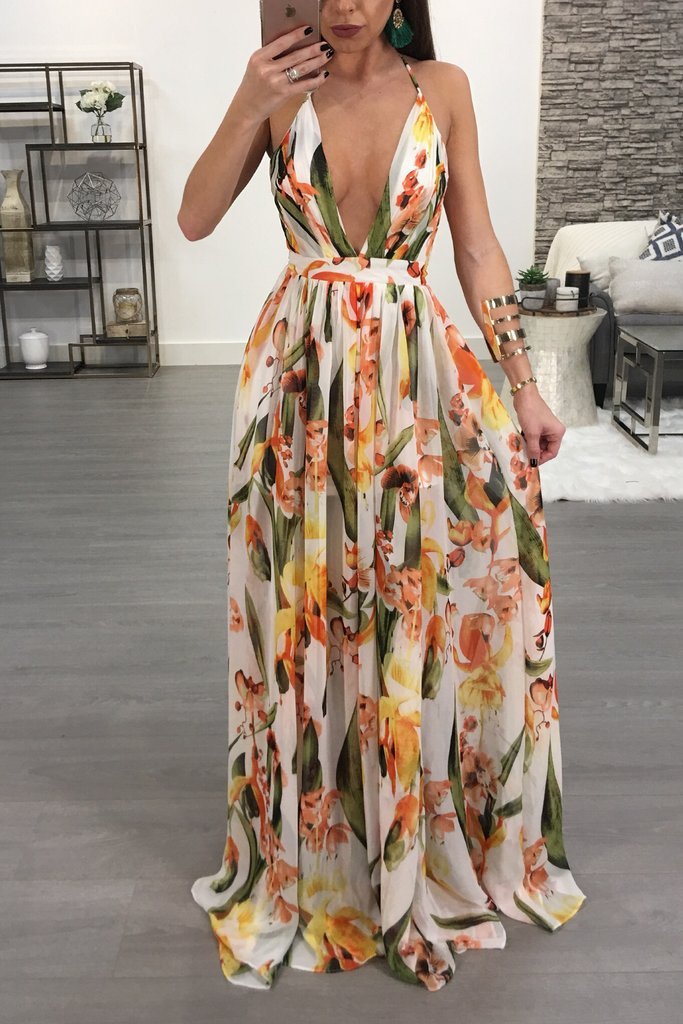 Robe Longue Plissée Dos Nu Imprimé Floral