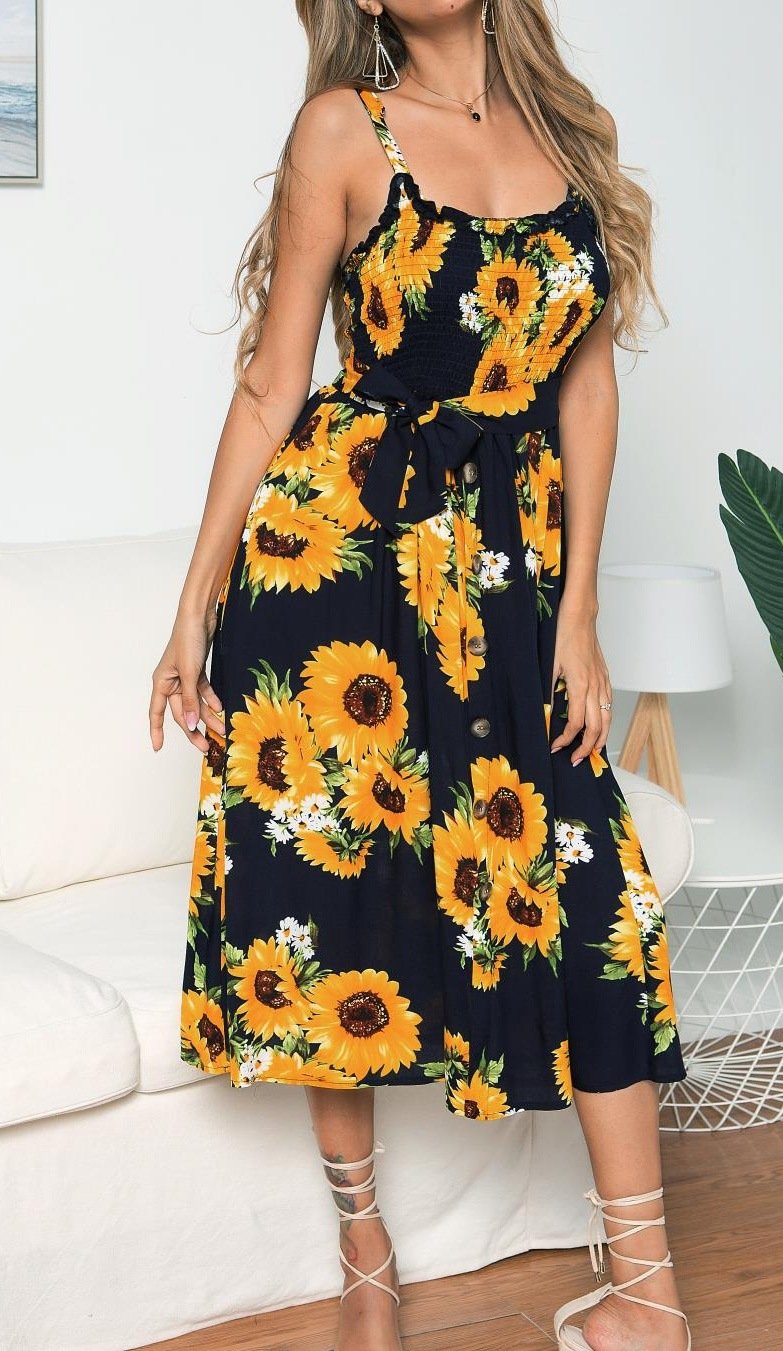 Robe Midi Floral Bretelles Spaghetti Noué Côté Bohème