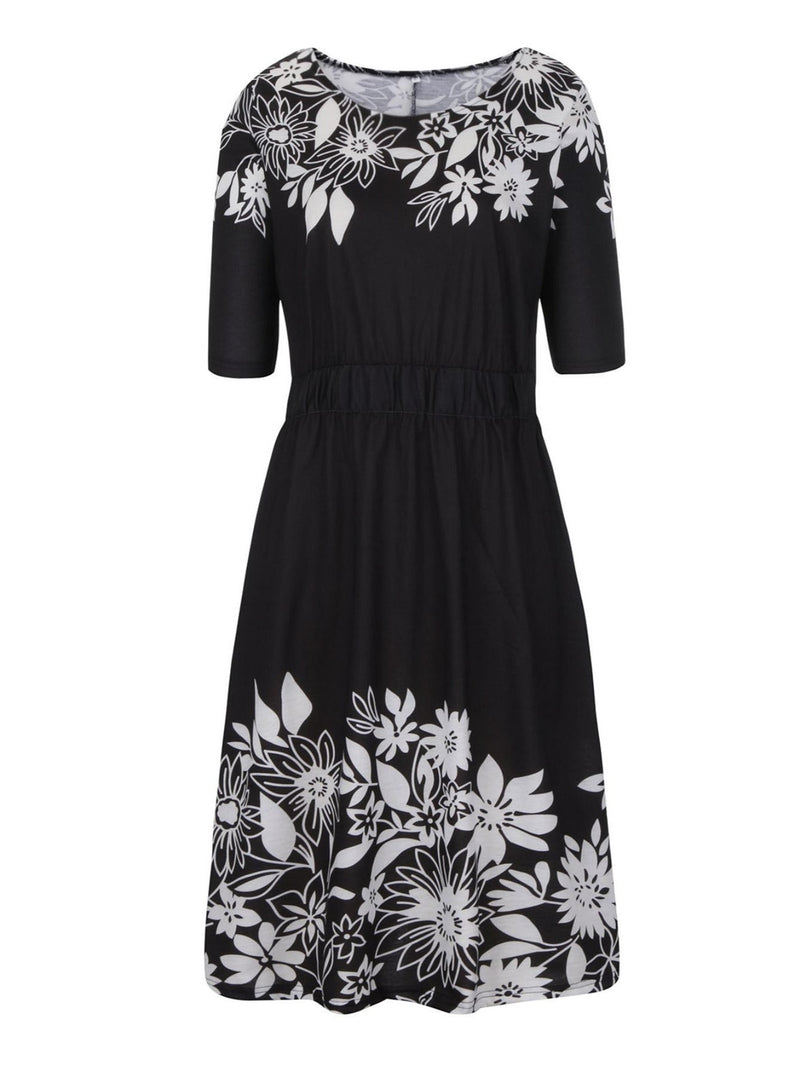 Robe Mi-Longue Décontractée Imprimé Floral Col Rond