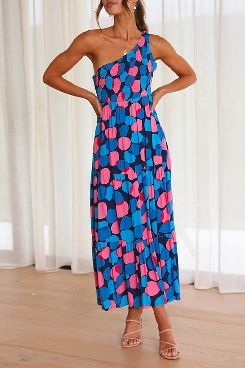 One Shoulder Sleeveless Printed Maxi Ruffle Dress