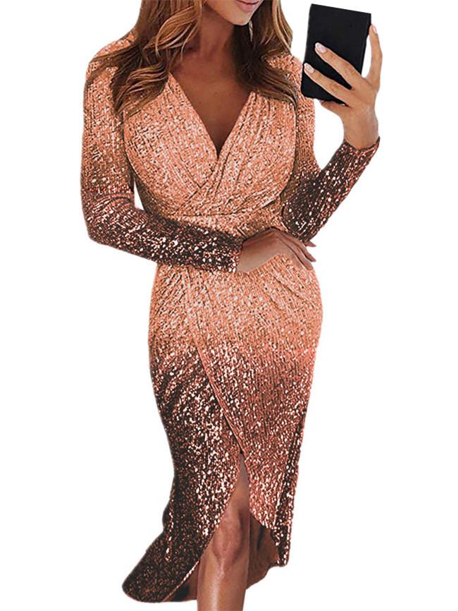 Robe Midi Brillante Croisée à Col en V Entrelacée