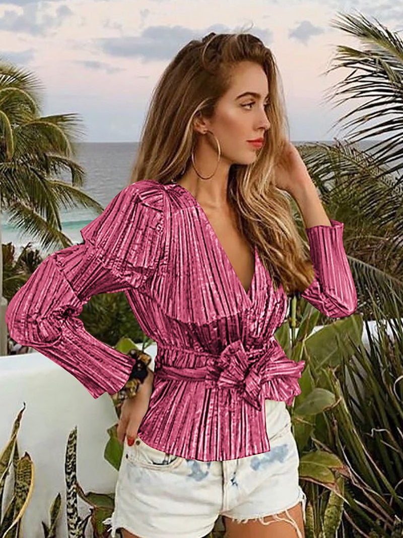 Blouse Col en V Longues Manches avec Ceinture en Nœud Papillons - CA Mode