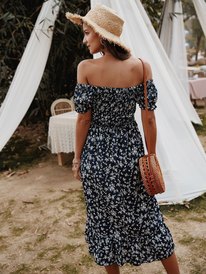 Robe Midi Floral Épaules Dénudées