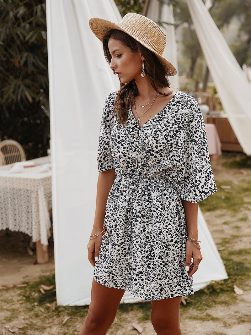 Robe Floral Col en V Demi-Manches  