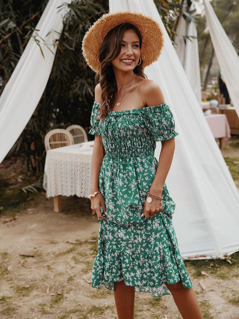 Robe Midi Floral Épaules Dénudées