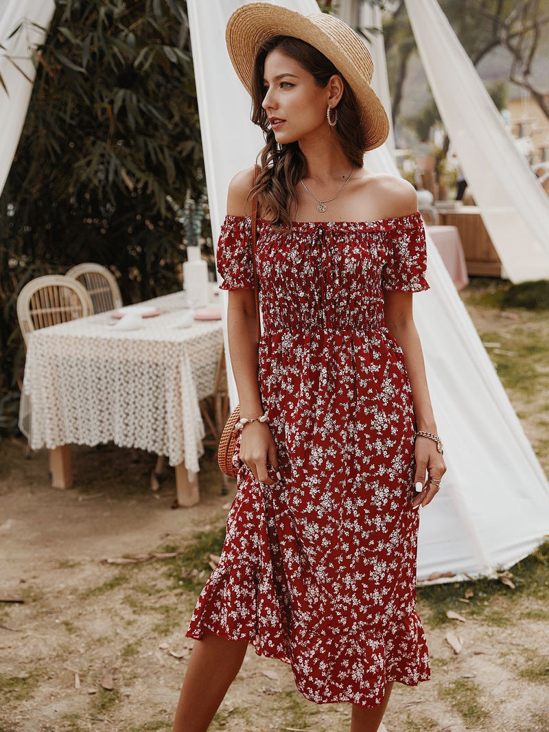 Robe Midi Floral Épaules Dénudées