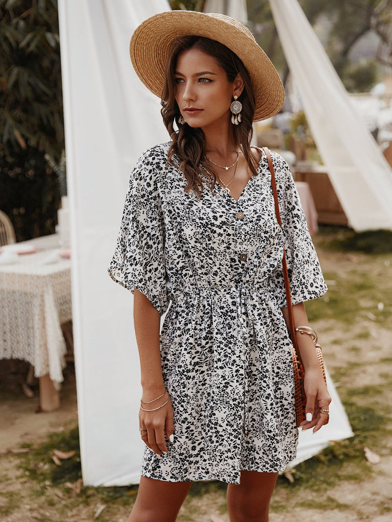 Robe Floral Col en V Demi-Manches  