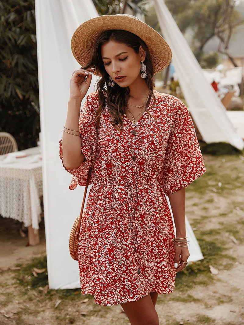 Robe Floral Col en V Demi-Manches  