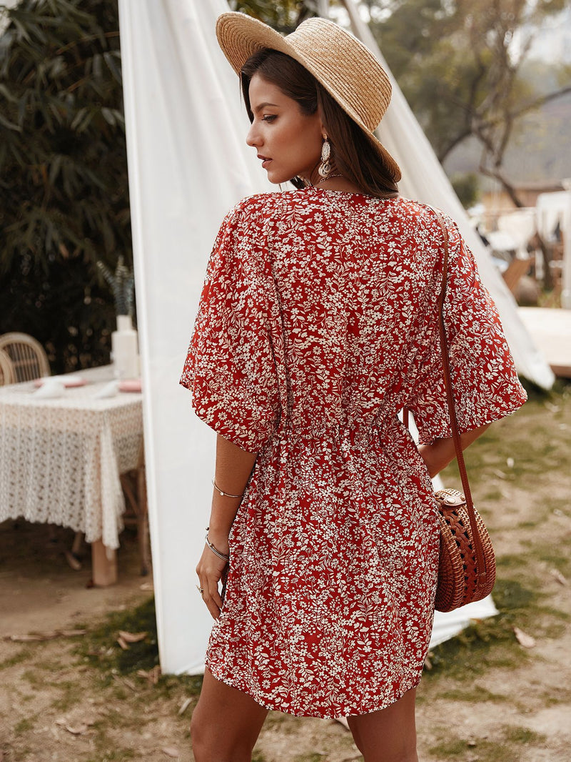 Robe Floral Col en V Demi-Manches  