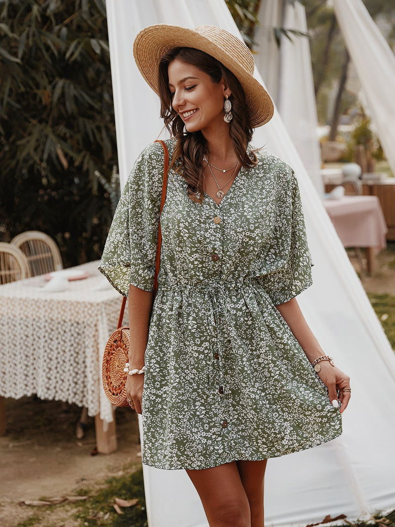 Robe Floral Col en V Demi-Manches  