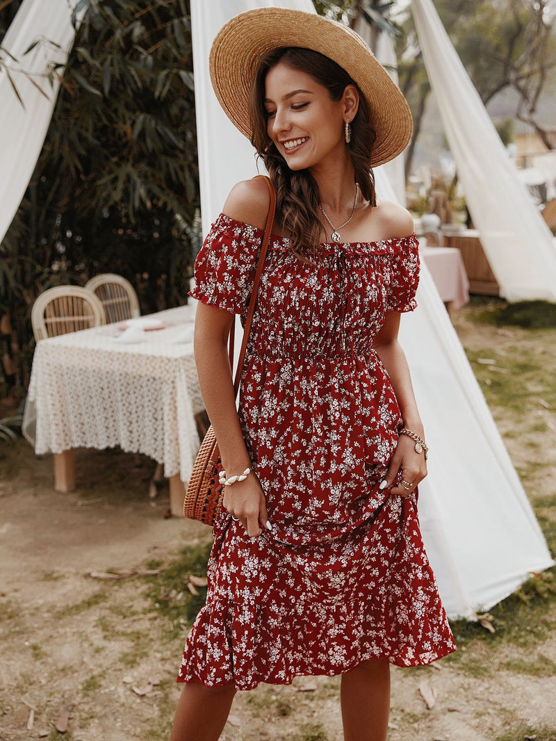 Robe Midi Floral Épaules Dénudées