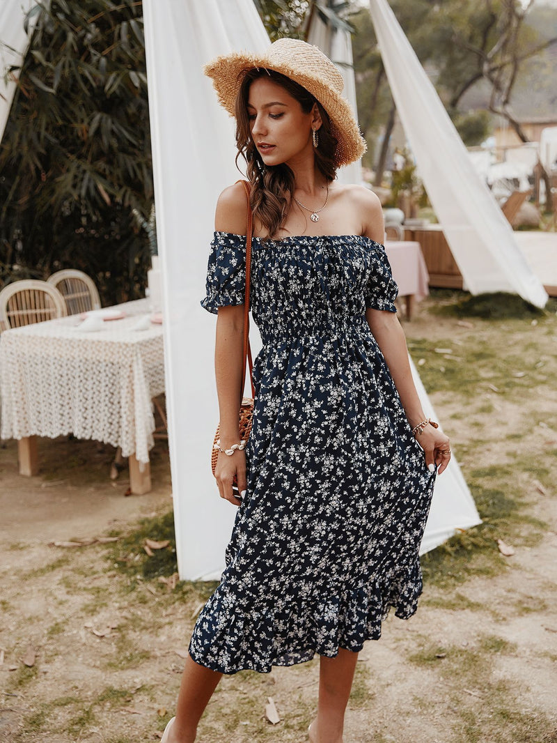 Robe Midi Floral Épaules Dénudées