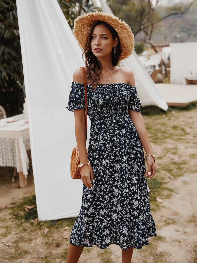 Robe Midi Floral Épaules Dénudées