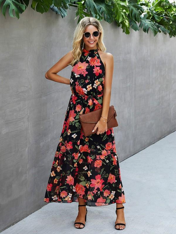 Robe Maxi Floral Dos Nu Sans Manches Col Licou