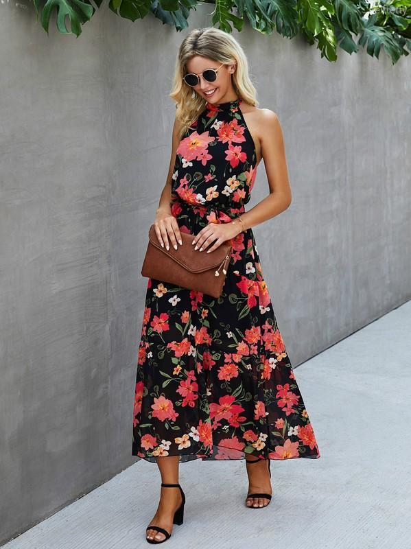 Robe Maxi Floral Dos Nu Sans Manches Col Licou