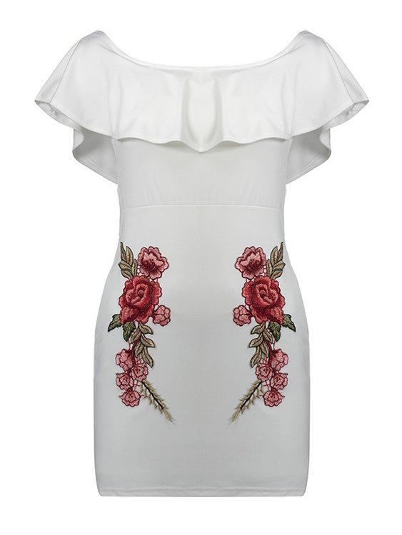 Zip Design Floral Embroidered Off The Shoulder Dresses