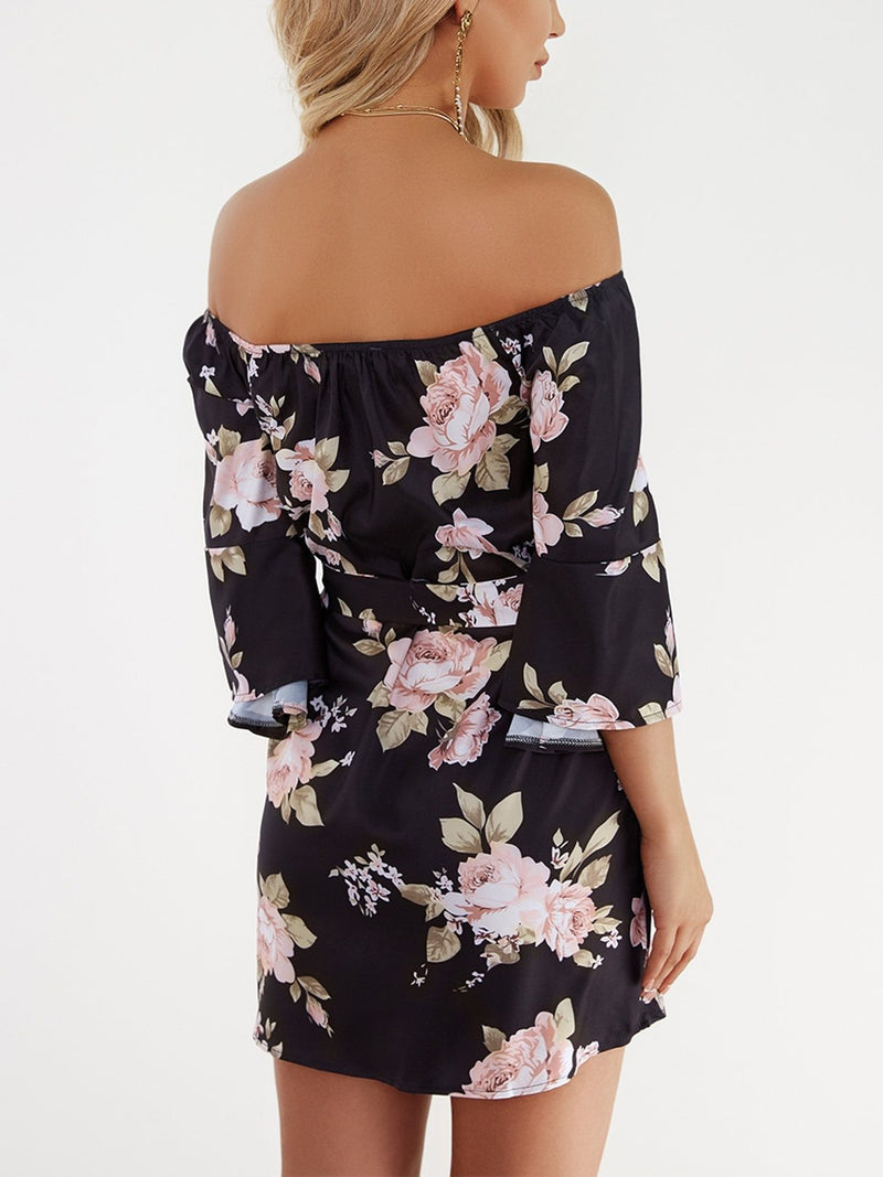 Robe Florale à Manches Longues et à Taille Haute