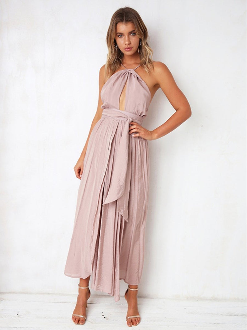 Robe Longue à Halter Sans Manches Rose Claire