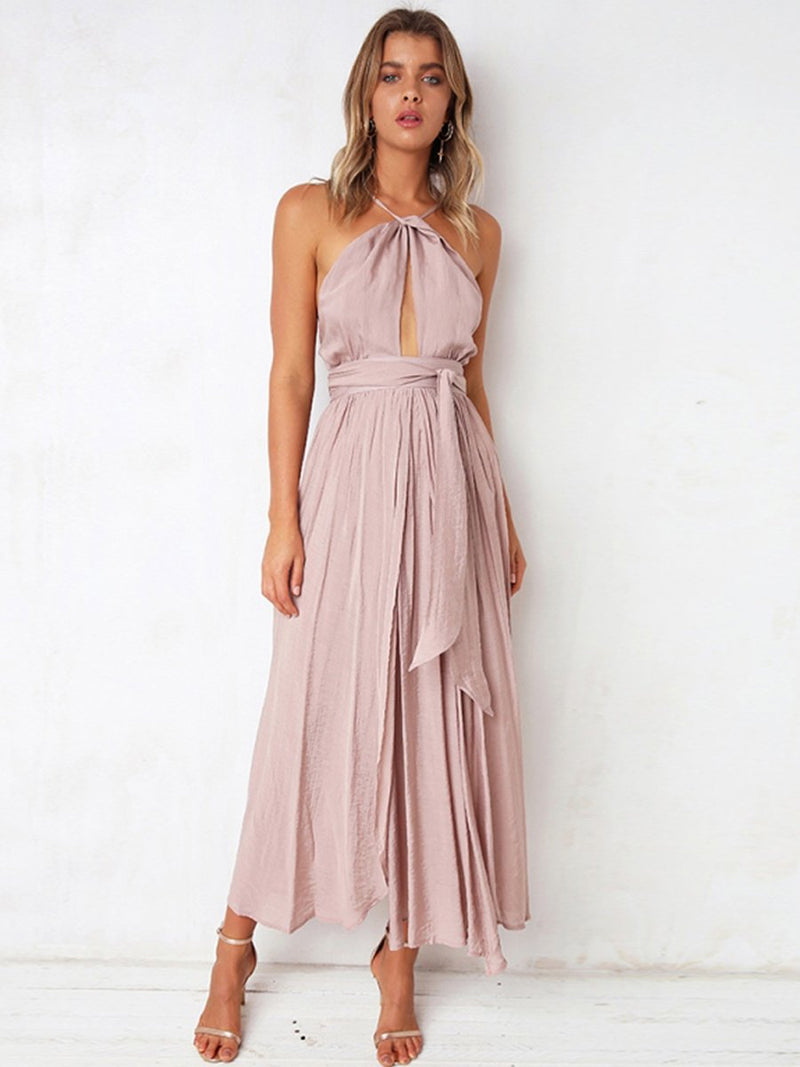 Robe Longue à Halter Sans Manches Rose Claire