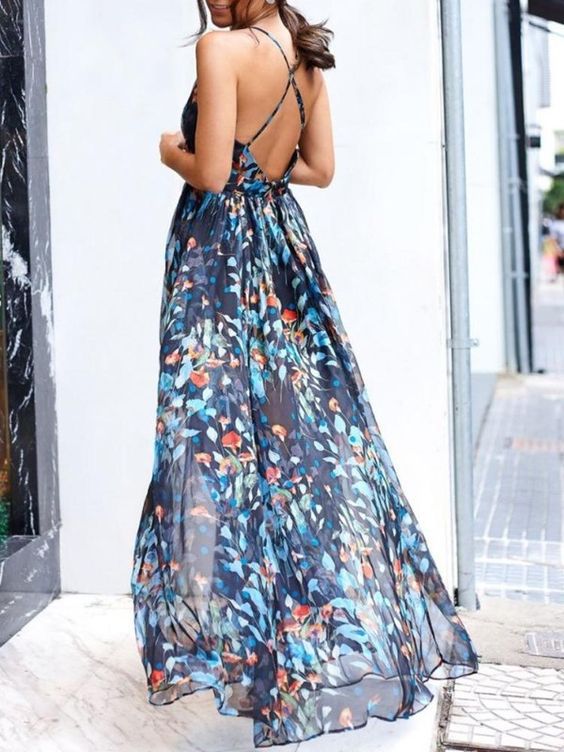 Maxi Robe Bleue sans manches Décolletée