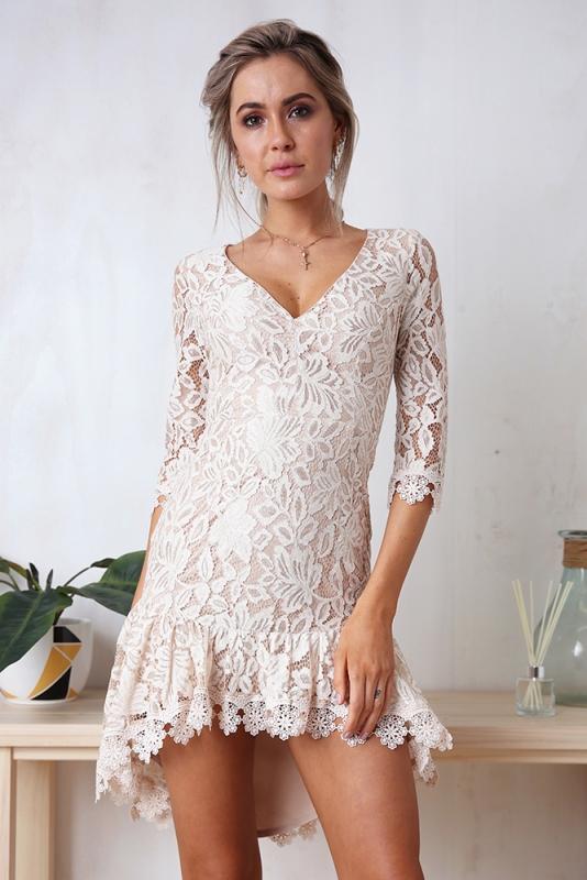 Mini Robe En Dentelle Avec Col En V Blanc Femme