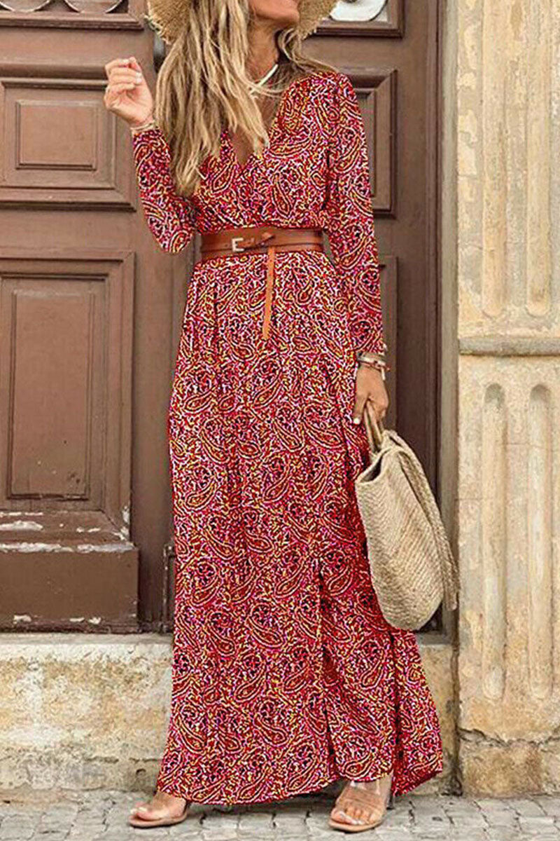 Fashion Bohemian Print With Belt V Neck Cake Skirt Dresses