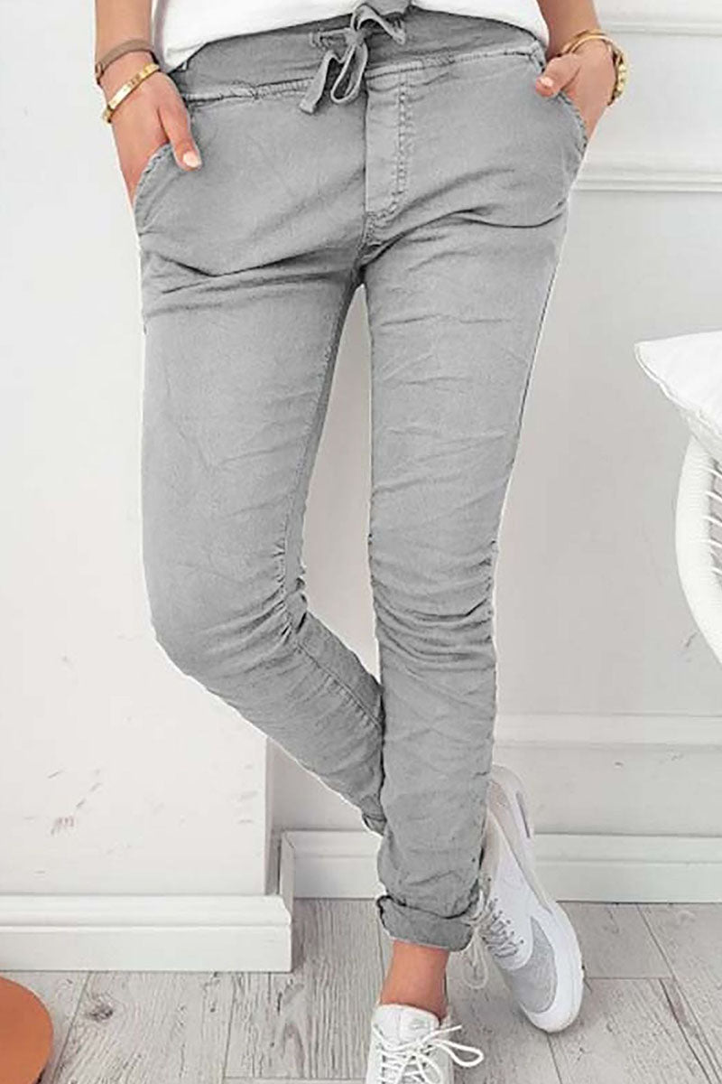 Pantalon Skinny Bas de Crayon Taille Haute Couleur Unie