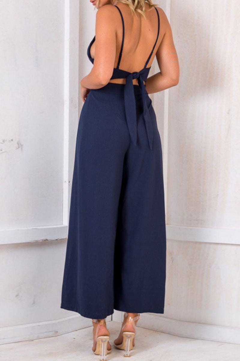 Fashion Solid Backless V Neck Loose Jumpsuits