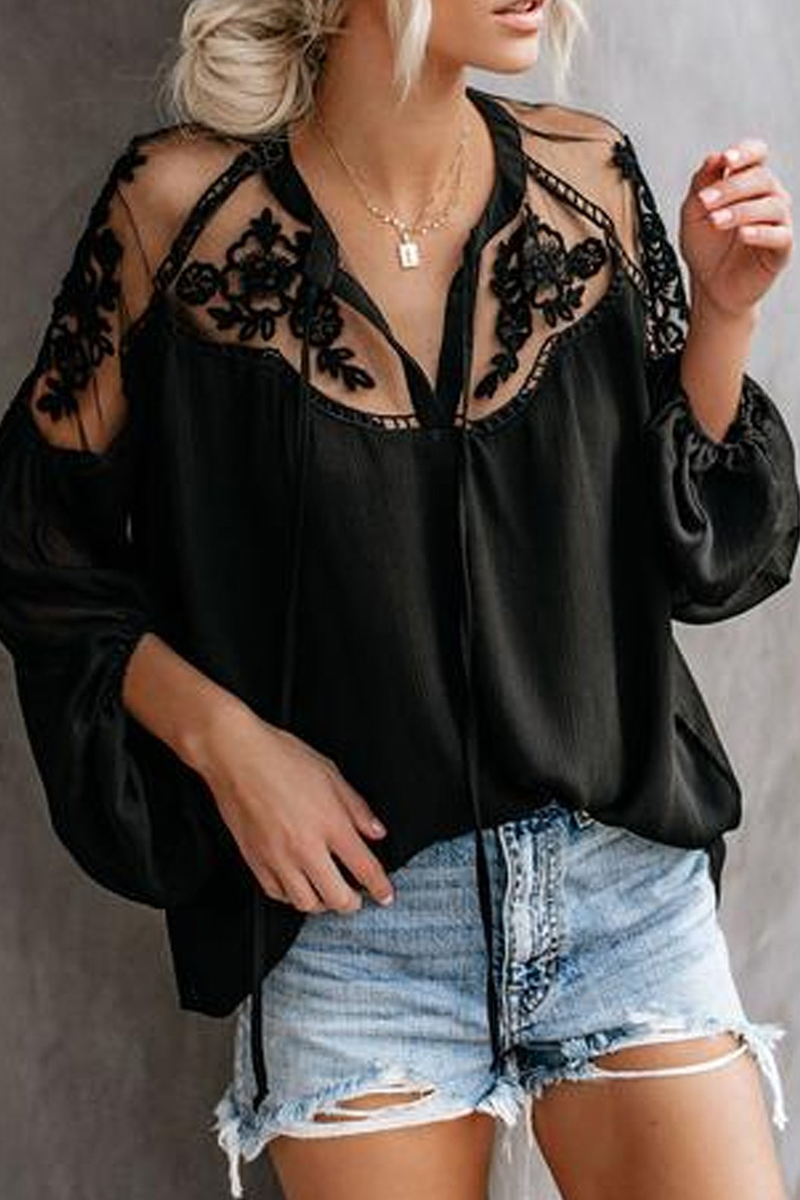 Fashion Elegant Solid Lace Frenulum See-through V Neck Tops(3 Colors)