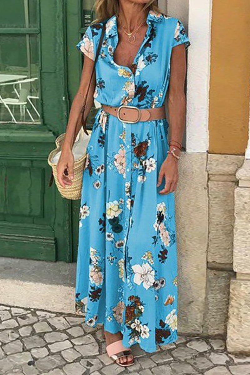 Robe Maxi Boucle Floral Décontracté Col Rabattu Ceinture